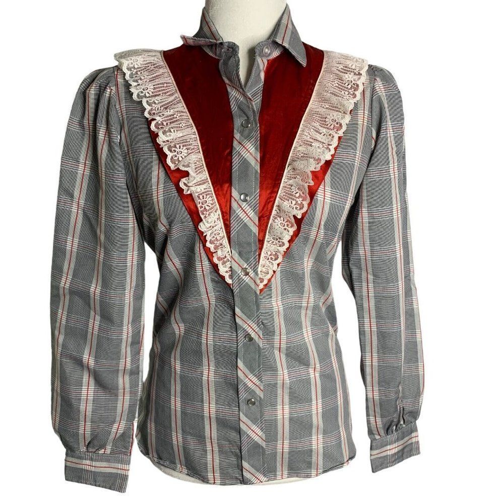 Vintage Kenny Rogers Western Shirt S Black Pearl Snap Red Satin Lace Long Sleeve